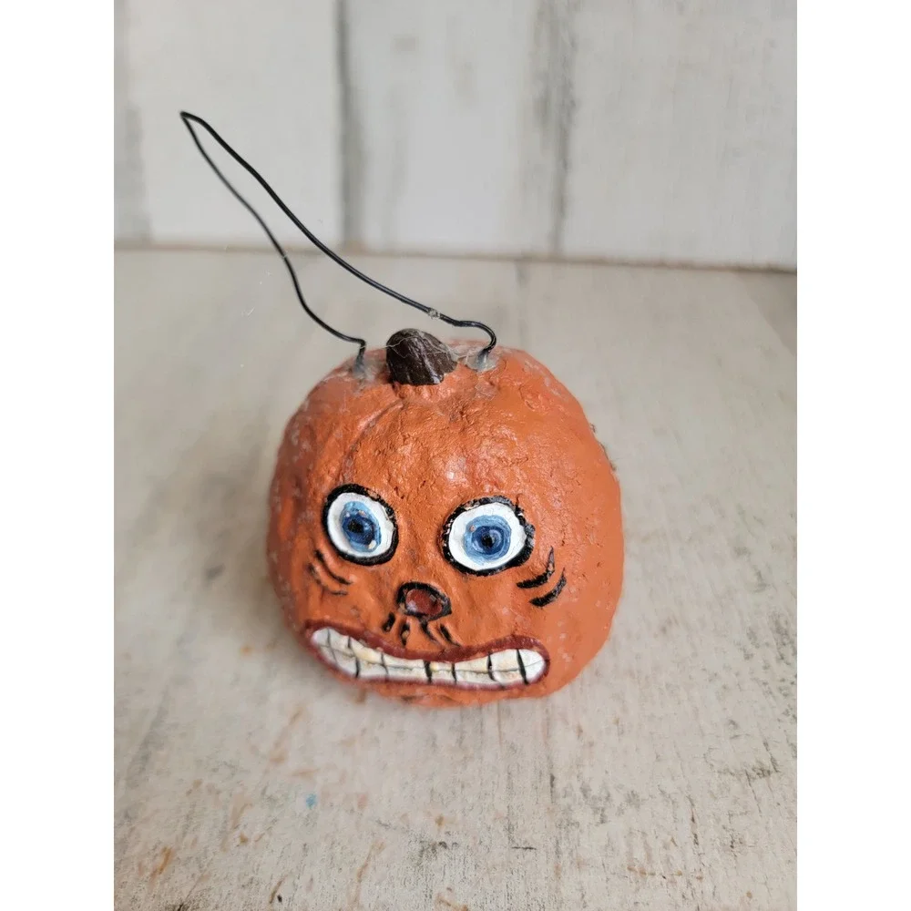 Vintage dept 56? Halloween pumpkin folk art glitter ornament Unique Home decor